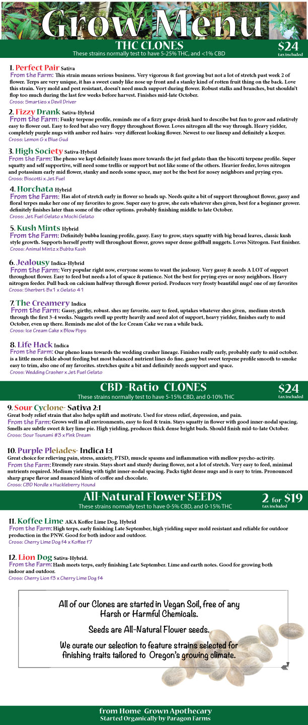 Clone & Seed Grow Menu 2023 at Home Grown Apothecary in Portland, Oregon